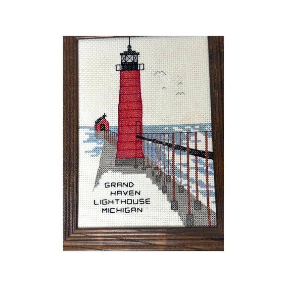 Vintage Grand Haven Lighthouse Michigan Framed Cross-Stitch Wall Art, Hand Stitc - Picture 2 of 7